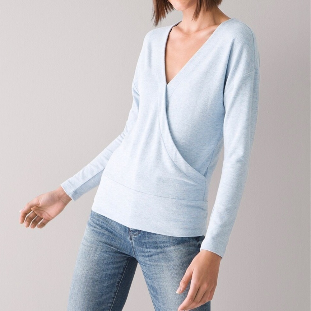 WHBM Knit Surplice Sweater V-Neck Overlap Wrap Pullover Light Blue